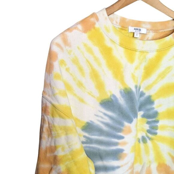 AGOLDE Balloon Sleeve Tie-Dye Sweatshirt Cropped Yellow Blue Small A7044 - Picture 4 of 6